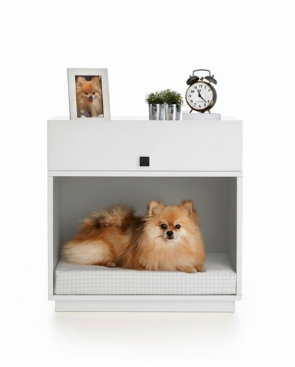 04 mesa de cabeceira pet bob dog 55cm x 60cm 2 gavetas 1 nicho com almofada